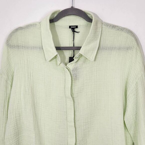Monrow Semi-Sheer Light Green Button Down Crop Top NWT Size Large Green Crop Top - Picture 2 of 8